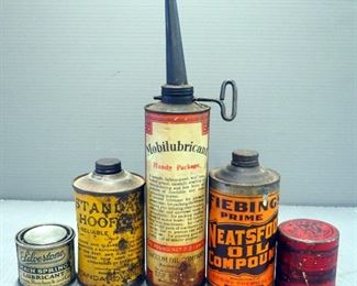 Moyer Axle Grease Can, Standard Hoof Oil Can, Fiebing's Neatsfoot Oil Compound Can, Silvertone Main Spring Lubricant Can, And Mobilubricant Can