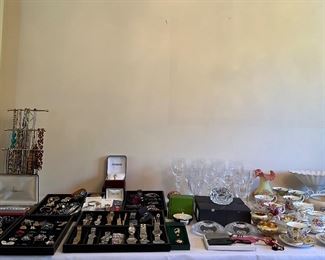 COSTUME JEWELRY, STEMWARE, TEACUPS, LENOX