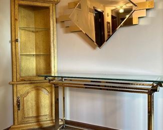 CORNER CURIO CABINET, BRASS & GLASS SOFA TABLE, MIRROR