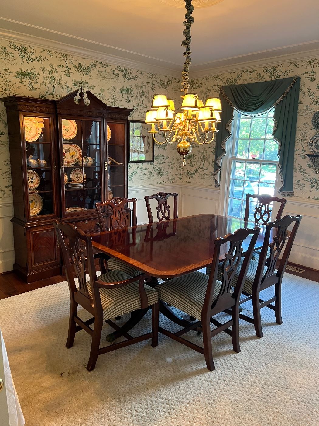 Drexel Heritage Pedestal Rectangular Dining Table, Drexel Heritage Chairs (2 armchairs / 4 side chairs) & Chippendale Breakfront 
