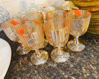 Set of SIX Jeanette Glass Iris and Herringbone 4” Wine Goblets, Iridescent