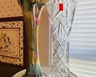 Carnival Glass Riffled Vase & Cut Crystal Vase 