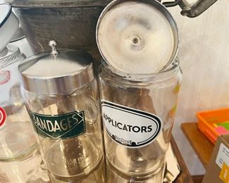 Antique Doctor Office Glass Jars w/ Enamel Lids 