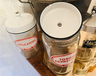 Antique Doctor Office Glass Jars w/ Enamel Lids 
