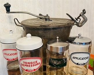 Antique Doctor Office Glass Jars w/ Enamel Lids 