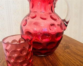 Large Antique Northwood Cranberry Glass Pitcher ~ Coin Spot  Inverted Thumbprint