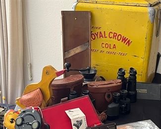 Royal crown cola cooler, binoculars, coffee grinder, vntg view master with view slides, tru-vue viewer and film, vntg child pull toys,