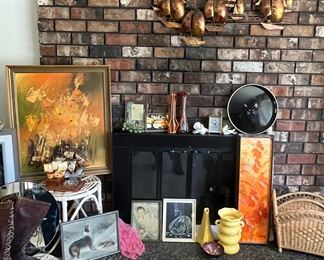 MCM paintings, McCoy vase, art glass vases, coolest old lace up boots!