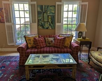 Happy red-checked curved-back sofa, vintage hand-painted wooden Asian coffee table, 1940's mahogany drop-leaf side table, by Brandt Furniture Co., Hagerstown, MD, hand-painted Asian glass table lamp and original oil on canvas, by Amy Dandy.