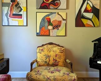 LOVE this grouping of Amy Dandy contemporary art. One doesn't expect to see such a traditional room, ramped up with great original art, such as this.