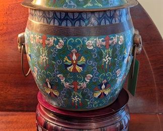 Lovely Chinese cloisonné urn, w/lid, on wooden stand.