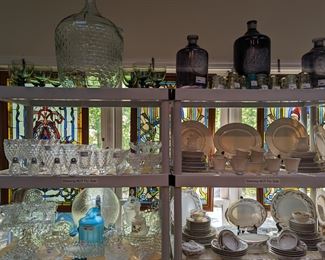 Vintage stemware, Fostoria "American", vintage glass bottles, nice sets of china, etc.