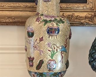Amazing 3-D Chinese cloisonné 12" vases, on wooden stands.