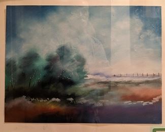 Nicely frame/matted original pastel, by M. Sotillo "Fence and Landscape II".