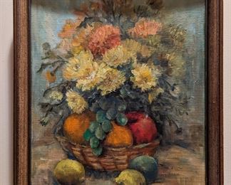 Original fruit/floral still life, oil on canvas, by family friend, Mary Box, 1973