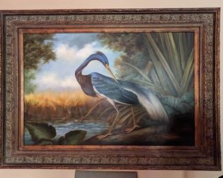 Large, nicely framed original oil on canvas, blue egret, by C. Scott.