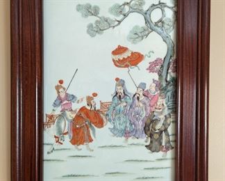 Vintage hand-painted porcelain Asian scene, w/mahogany frame.