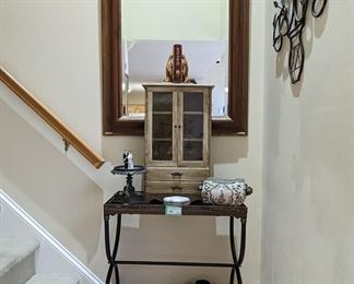 Classic black marble-topped side table, w/brass gallery, miniature china cabinet, 1940's wedding cake topper, Asian porcelain vase, cast iron stand and pair of artist-signed ceramic vases.