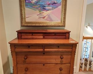 Antique maple 5-drawer chest, w/2-drawer topper, beautifully framed original oil on canvas, w/gallery light.
