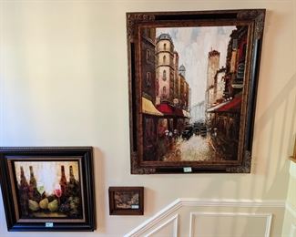 1980's framed art, still life, w/wine bottles, rainy London street scene.