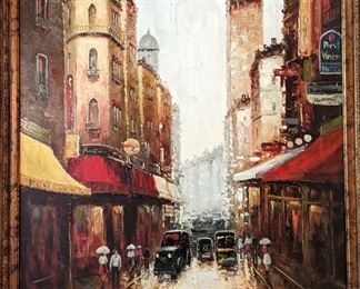 Nicely framed, LARGE original oil on canvas, rainy London street scene, artist signed.