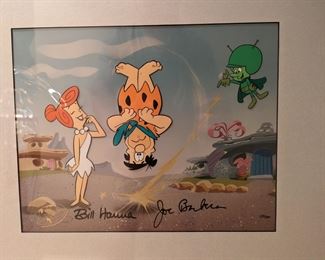 Animation cel, from the Flintstones meet The Jetsons, signed by Bill Hanna, Joe Barberra; 155/300.