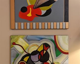 Original oils on canvas, contemporary artwork, by Amy Dandy, top piece, from April 2019, entitled "Music to My Ears", bottom piece from November 2015, entitled "Go Figure".