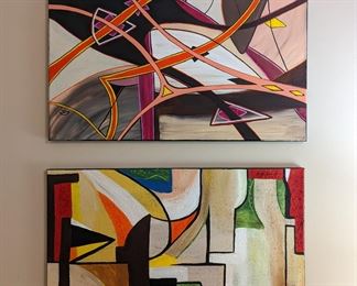 Original oils on canvas, contemporary artwork, by Amy Dandy, top piece, from April 2022, entitled "Monday", bottom piece from September 2019, entitled "Lake City".