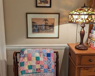 Set/4 vintage, framed train prints, collection of hand-sewn cotton quilts and wooden quilt stand.