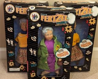 The ultimate in 1990's collectibles, presenting a trio of vintage "Fertzel Family" dolls, NIB...don't ask.