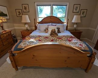 Entire bedroom suite of Pine bedroom furniture, by Lexington, including king size bed, 8-drawer dresser, w/matching mirror and pair of nightstands. Pair of vintage Stiffel brass/glazed ceramic table lamps, set/4 framed matted bird prints, by Arthur Singer and collection of hand-made, vintage cotton quilts.