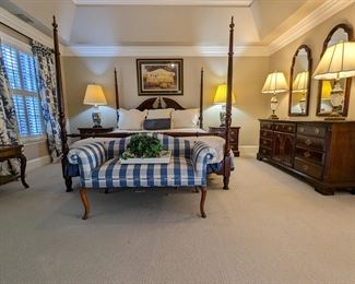 Entire king-size suite of mahogany bedroom furniture, by Universal Bedroom Furniture, Morristown, TN, including 4-poster bed, pair of nightstands and dresser w/pair of matching wall mirrors and highboy chest.