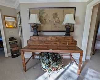 COOL Asian Faux bamboo 2-piece desk, from Hilton Head, 4-panel hand-painted Asian rice paper screen, pair of tole table lamps, huge basket of forever greenery and collection of vintage hat boxes.