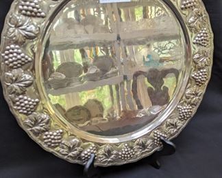 Sterling silver grape motif 18" diameter serving tray, weighs 932 gm.