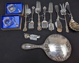 Westmoreland George & Martha sterling salt spoons/cellars, sterling hand mirror (think Fried Green Tomatoes) and assorted sterling forks.