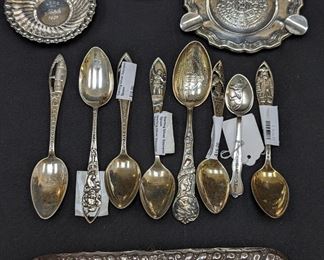 Sterling silver brush, from the Cheney Plantation, Marietta, assorted sterling silver souvenir spoons, but dish, ashtray and fluted bowl.