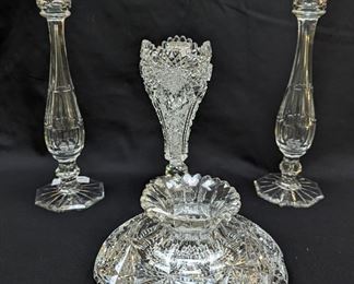 Pair of antique Scottish crystal 14" tall candlesticks, w/controlled bubble stem, cut to pieces antique ABCG vase and amazingly detailed ABCG flower center.