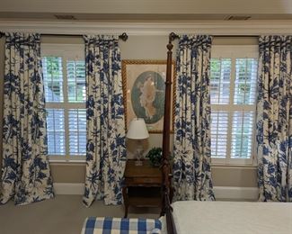 Blue/white hand-knotted curtain panels, MCM French provincial oak side table, w/single drawer and under shelf, ABCG table lamp, w/shade and nicely framed/matted "Flora" Roman goddess of flowers fresco.