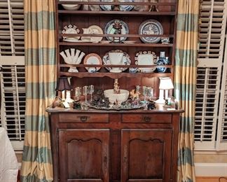 Antique French 2-piece hutch, with vintage English porcelains and Asian cloisonné.