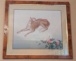 One of a pair of L/R facing nicely framed/matted, artist signed, original watercolor greyhounds.