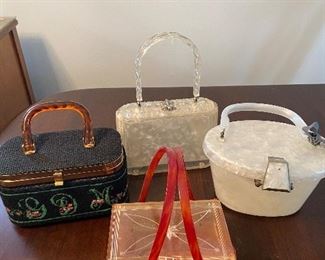 Vintage lucite and needlepoint purses, as is