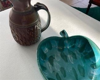 Dryden pottery, pitcher and apple bowl