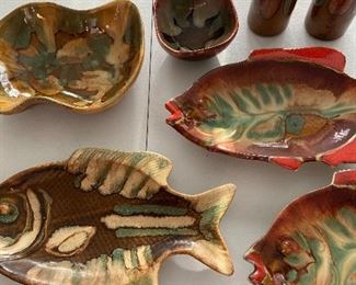 Dryden pottery, fish platters, small bowl, tumblers