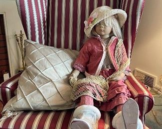 Lovely striped armchair in perfect condition and doll 