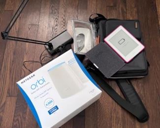 Orbi web, Kindle, laptop case, desk lamp
