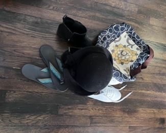 Cole Haan black ankle (never worn), chaco’s, sneakers (never worn), custom purse from San Francisco, felt hat