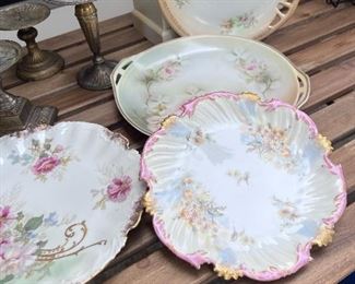 Hand painted antique plates, silver candle sticks