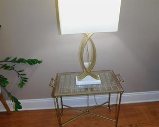GLASS & GILT TABLE WITH DECORATOR LAMP