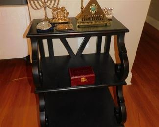 EBONY SHELF TABLE & MENORAHS