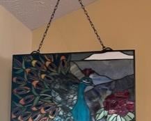 Tiffany Style Peacock Stained Glass hanging panel, large